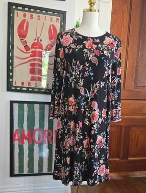 LOFT Black Floral Long-Sleeve  Large Swing Dress